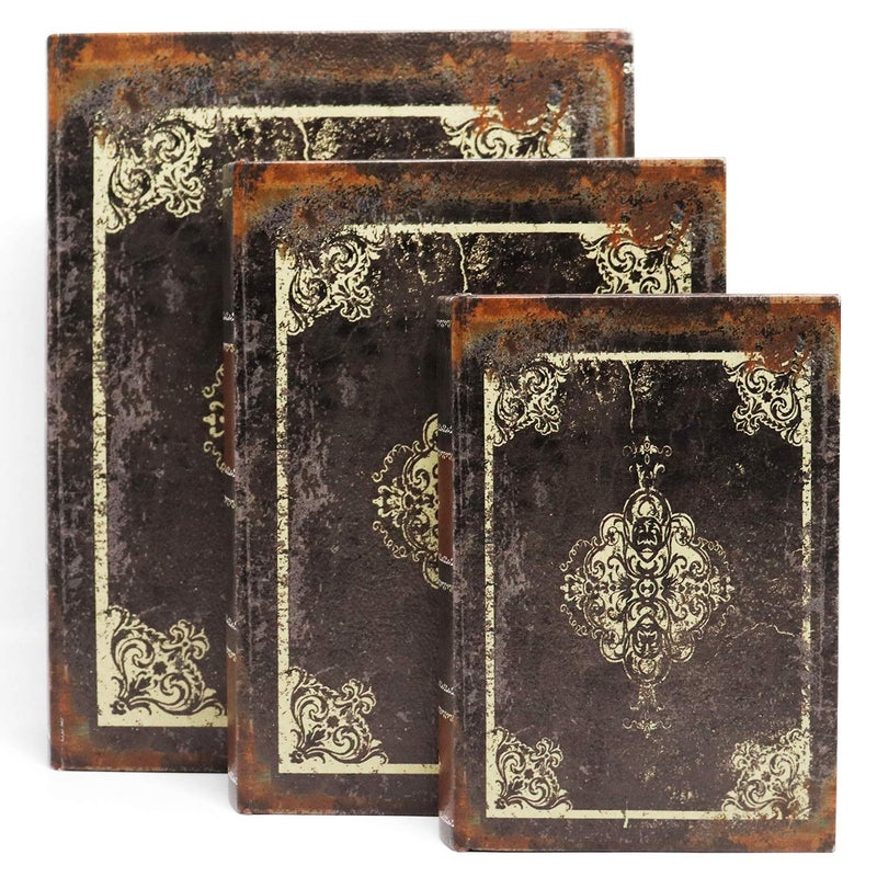 Jolitac Decorative Book Boxes World Map Pattern Antique Book Invisible box with Magnetic cover  Faux Wood Set of 3 Storage Set (Dark Vintage) - Image 2